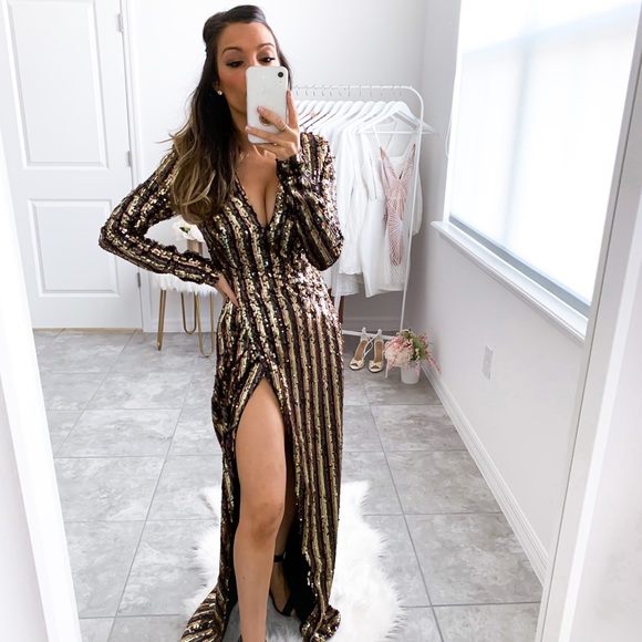 Gold Black Striped Sequin Split Thigh Wrap Dress - Picture 10 of 12